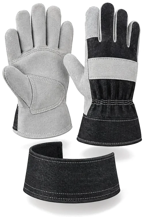 Exploded view of the reinforced leather work glove showing each part