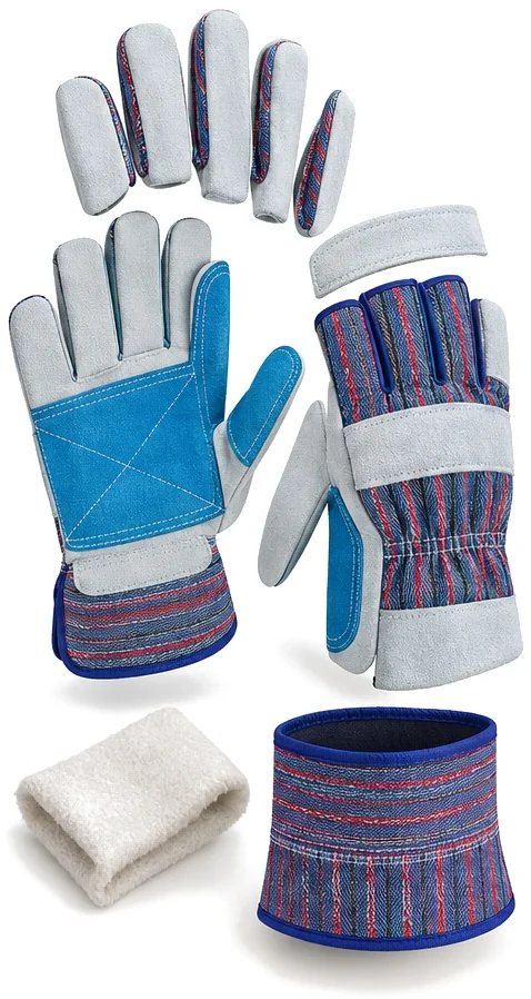 Exploded view of the reinforced leather work glove showing each part