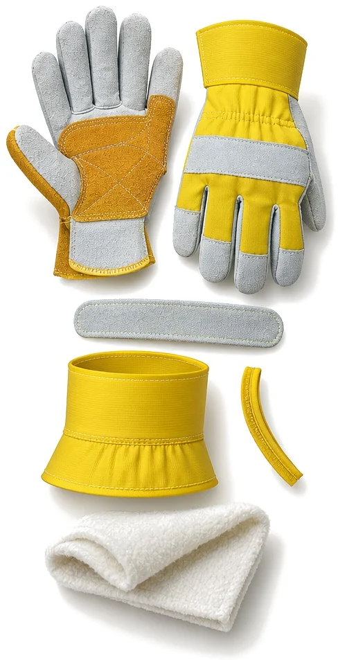Exploded view of the reinforced leather work glove showing each part