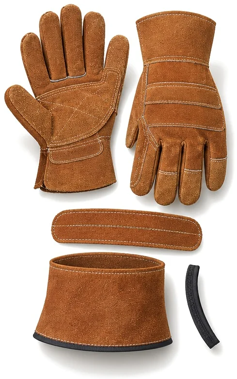 Exploded view of the reinforced leather work glove showing each part