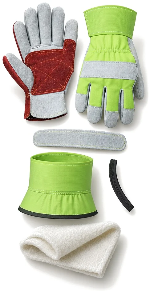 Exploded view of the reinforced leather work glove showing each part
