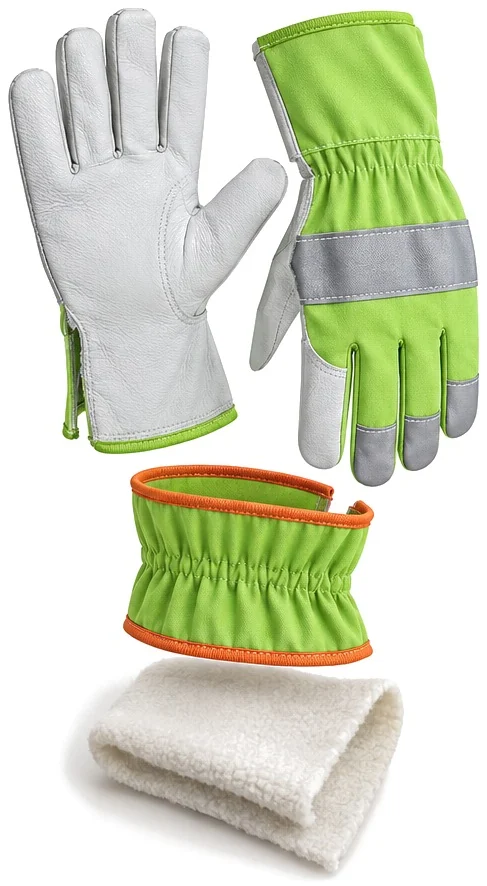 Exploded view of the fleece lined goat grain glove showing each part
