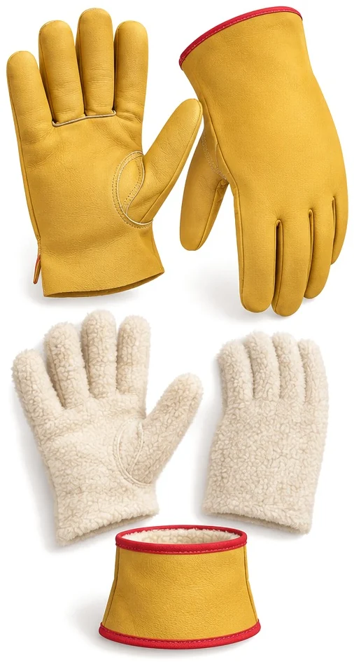Exploded view of the fleece lined cow grain glove showing each part