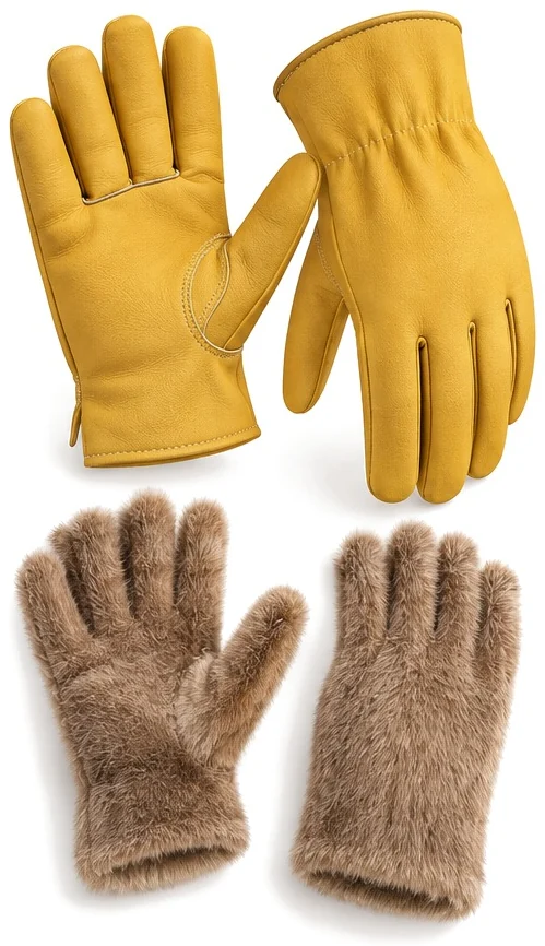 Exploded view of the fur lined cow grain glove showing each part
