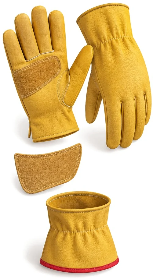 Exploded view of the reinforced buffalo grain glove showing each part