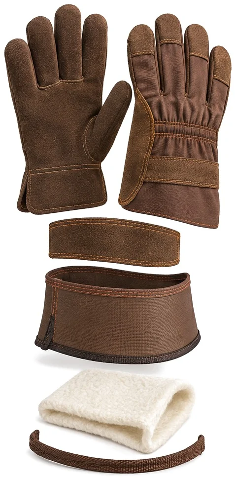Exploded view of the leather work glove showing each part