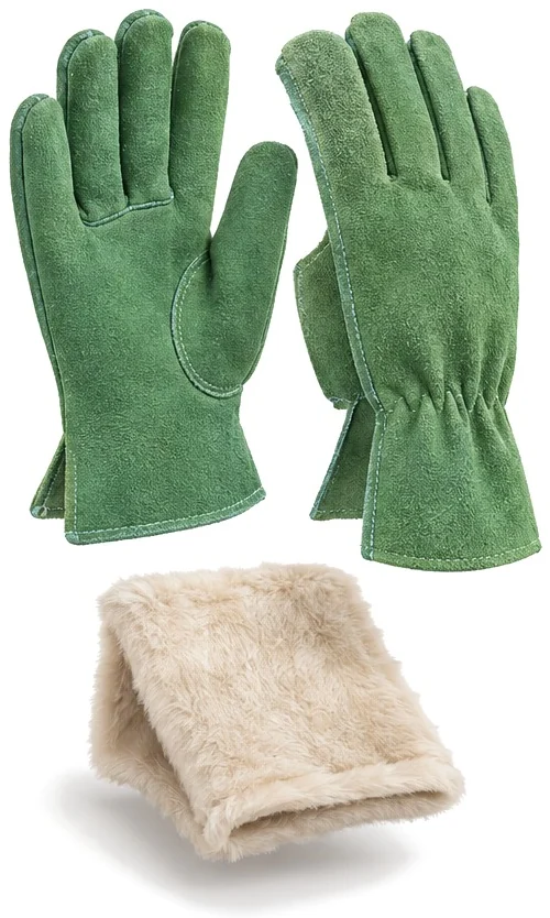 Exploded view of the fur lined buffalo split glove showing each part