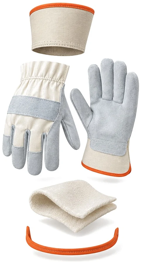 Exploded view of the leather work glove showing each part