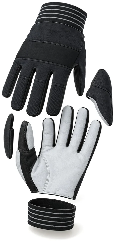 Exploded view of the cow grain / neoprene knuckle glove showing each part