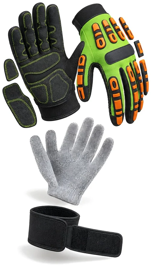 Exploded view of the synthetic glove with tpr overlays showing each part