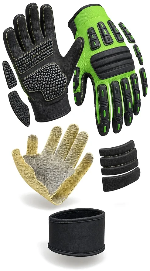Exploded view of the pvc grip glove with palm liner showing each part