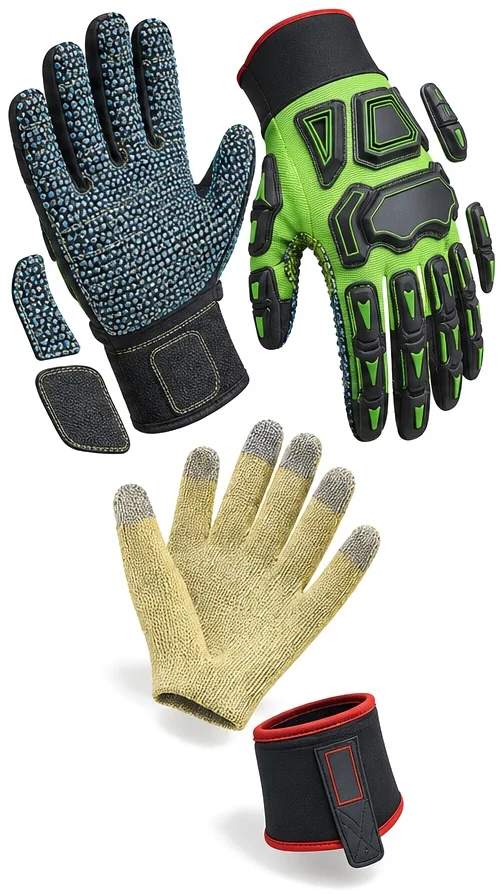 Exploded view of the printed synthetic glove with liner showing each part