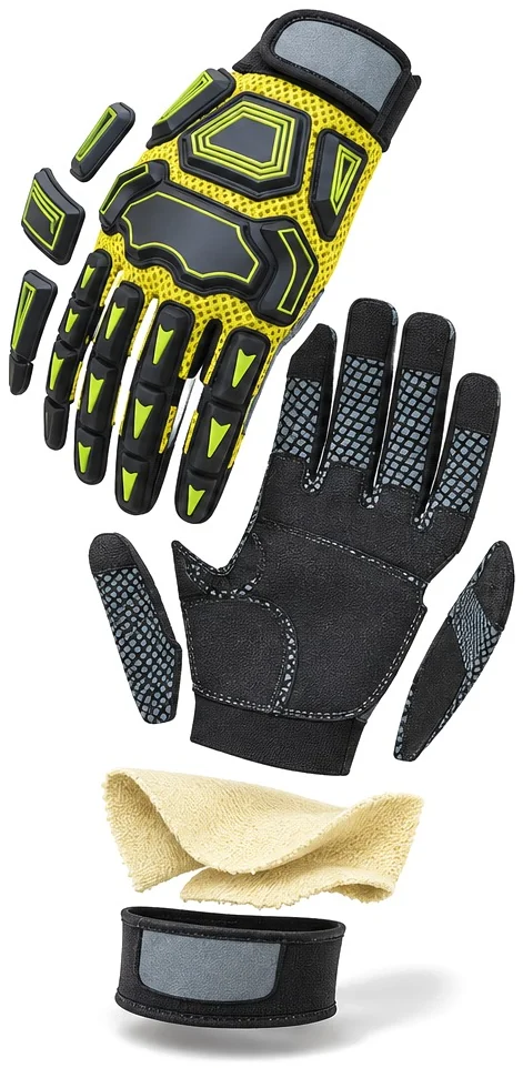 Exploded view of the nomex palm lined mechanic glove showing each part