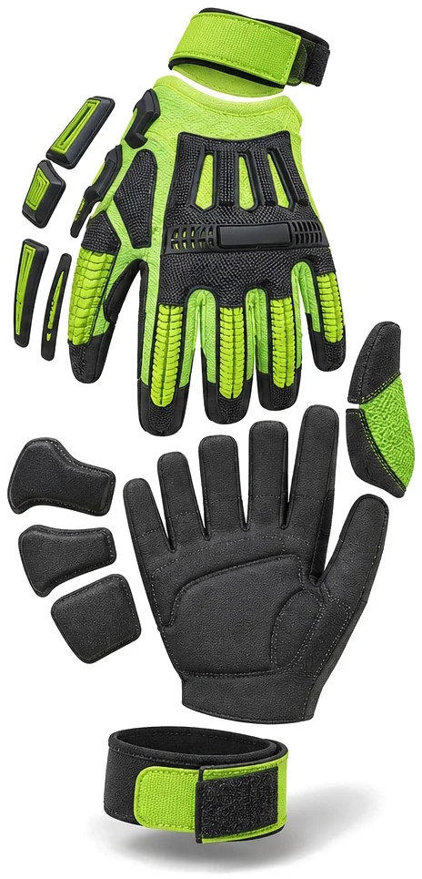 Exploded view of the eva padded synthetic mechanic glove showing each part