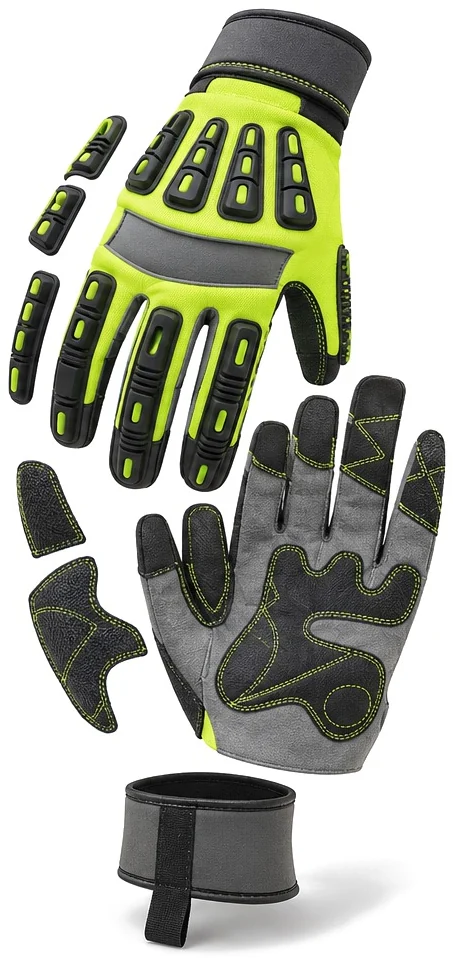 Exploded view of the reinforced synthetic mechanic glove showing each part
