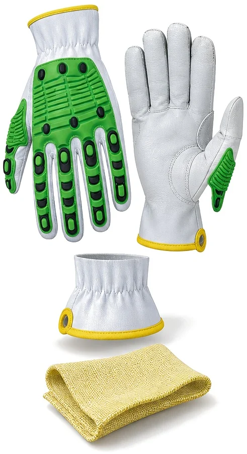Exploded view of the kevlar lined goat grain glove showing each part