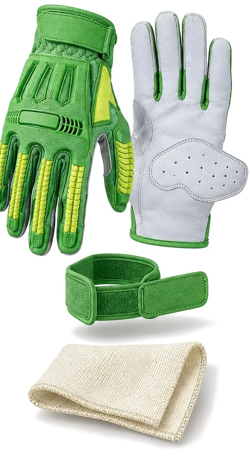 Exploded view of the nomex palm lined cow grain glove showing each part