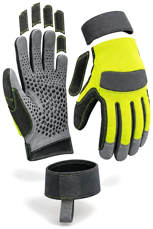 Exploded view of the printed palm / reinforced saddle glove showing each part