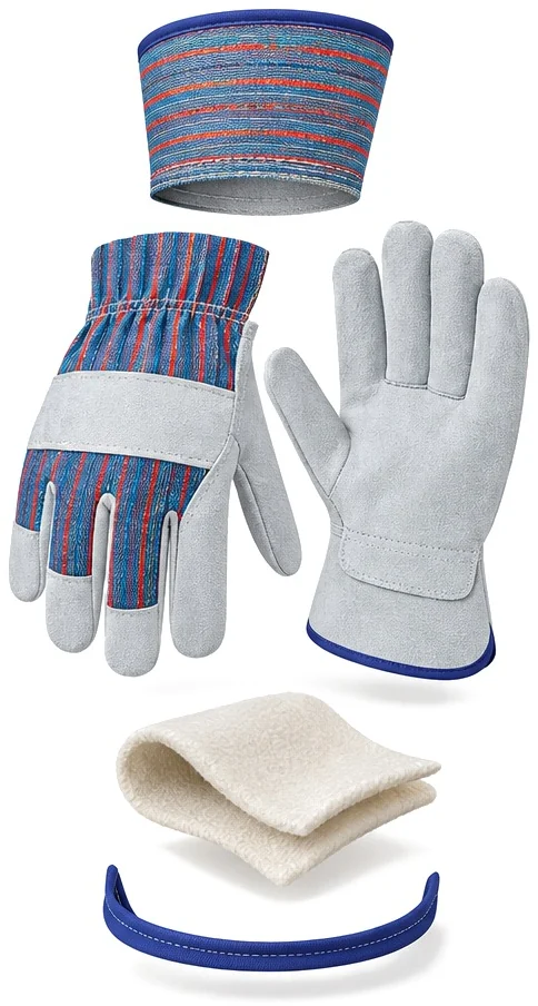 Exploded view of the leather work glove showing each part