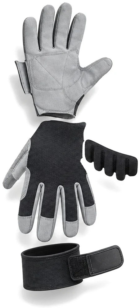 Exploded view of the synthetic palm / spandex glove showing each part