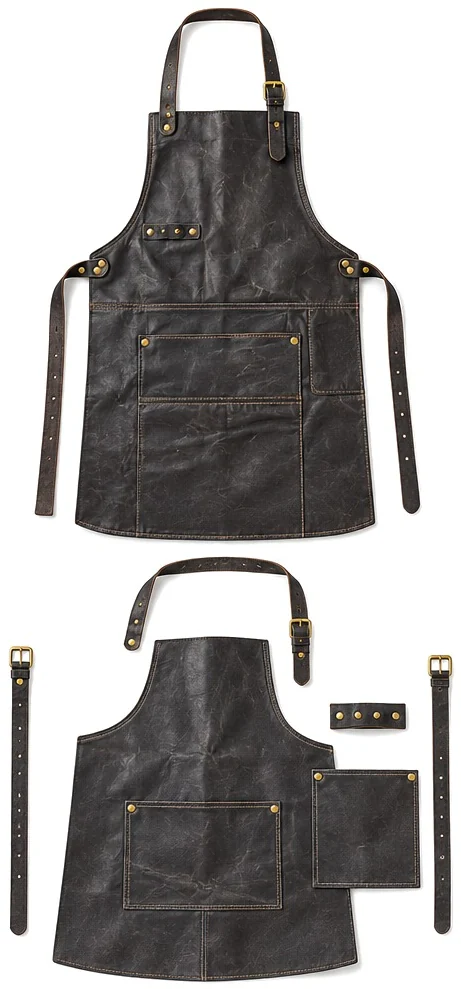 Exploded view of the finished leather cooking apron showing each part