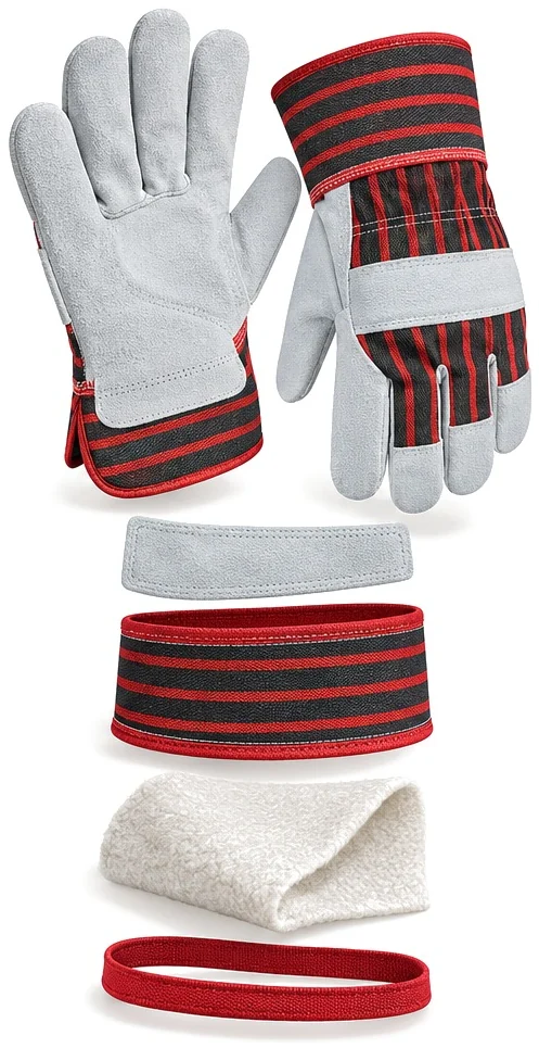 Exploded view of the leather work glove showing each part